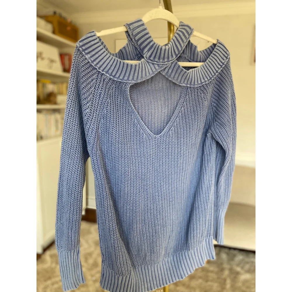 Free People Knit Sweater Cold Shoulder Cotton Coastal Preppy Light Blue Old Mone